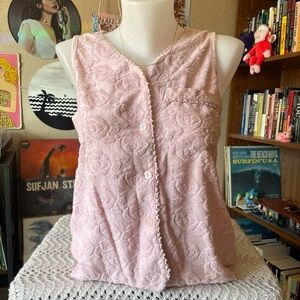 90s terrycloth pink rose button up blouse vest / Sasson Intimates / sz small